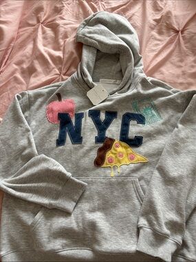Altar’D State Grey NYC Appliqué Hoodie with Pizza & Apple Motifs Size XS